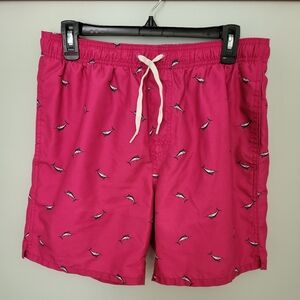 Old Navy Men Medium Printed Swim Trunks Short Fish Mesh Lining Pink 7" Inseam‎